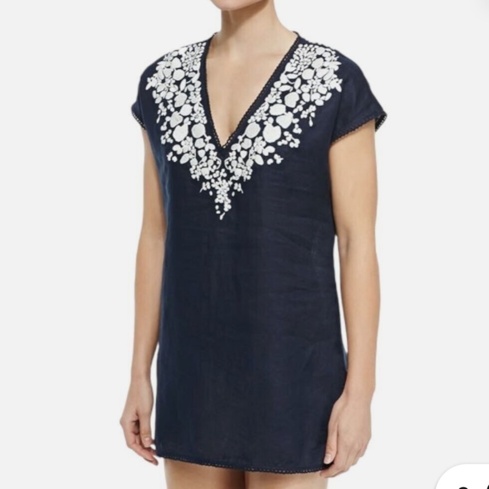 Tory Burch Navy Blue White Issy Scallop-Trim Embroidered Linen Tunic Top Size XS